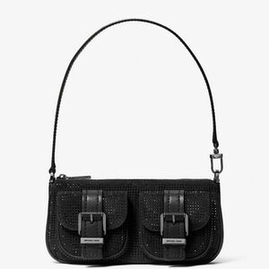 NWT Michael Kors Zoe Small Embellished Suede Pochette Black Sparkle Mini Bag